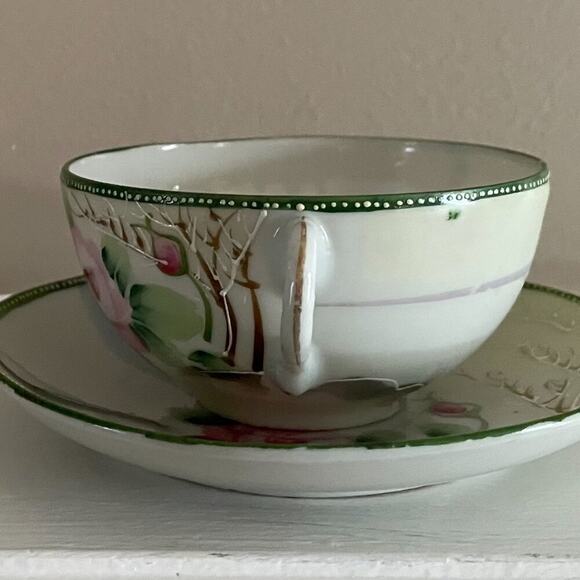 Vintage Japanese Hand Painted Teacup & Saucer Floral, Landscape, House Design - Picture 2 of 9